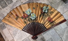 Large 50" Vintage Chinese Folding Wall Fan-Gold Hand-Painted Peonies  Butterfli