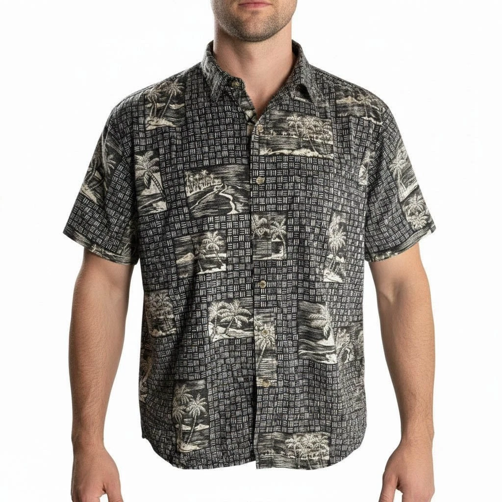 Cooke Street Hawaiian Shirt Mens Large Tribal Palm Tree Aloha Brown Black