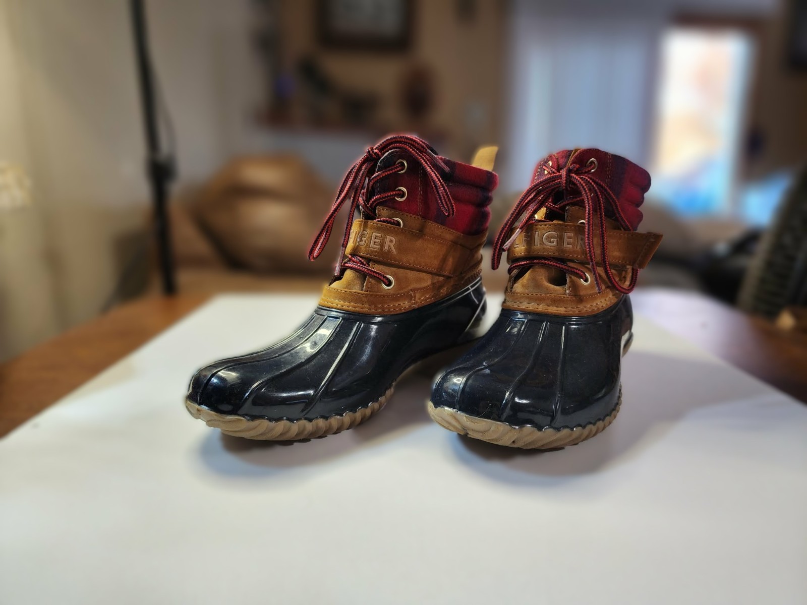 Women's Tommy Hilfiger Leather & Rubber Boots Rain Duck Lined Mid Calf Blue S8m