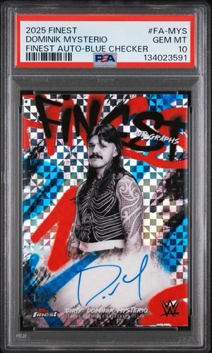 Dirty Dominik Mysterio 2025 Topps Finest WWE Finest Blue Checker /75 Auto PSA 10