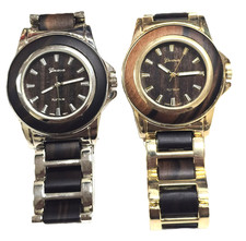 GENEVA GOLD OR SILVER WITH DARK WOODEN BRACELET WATCH