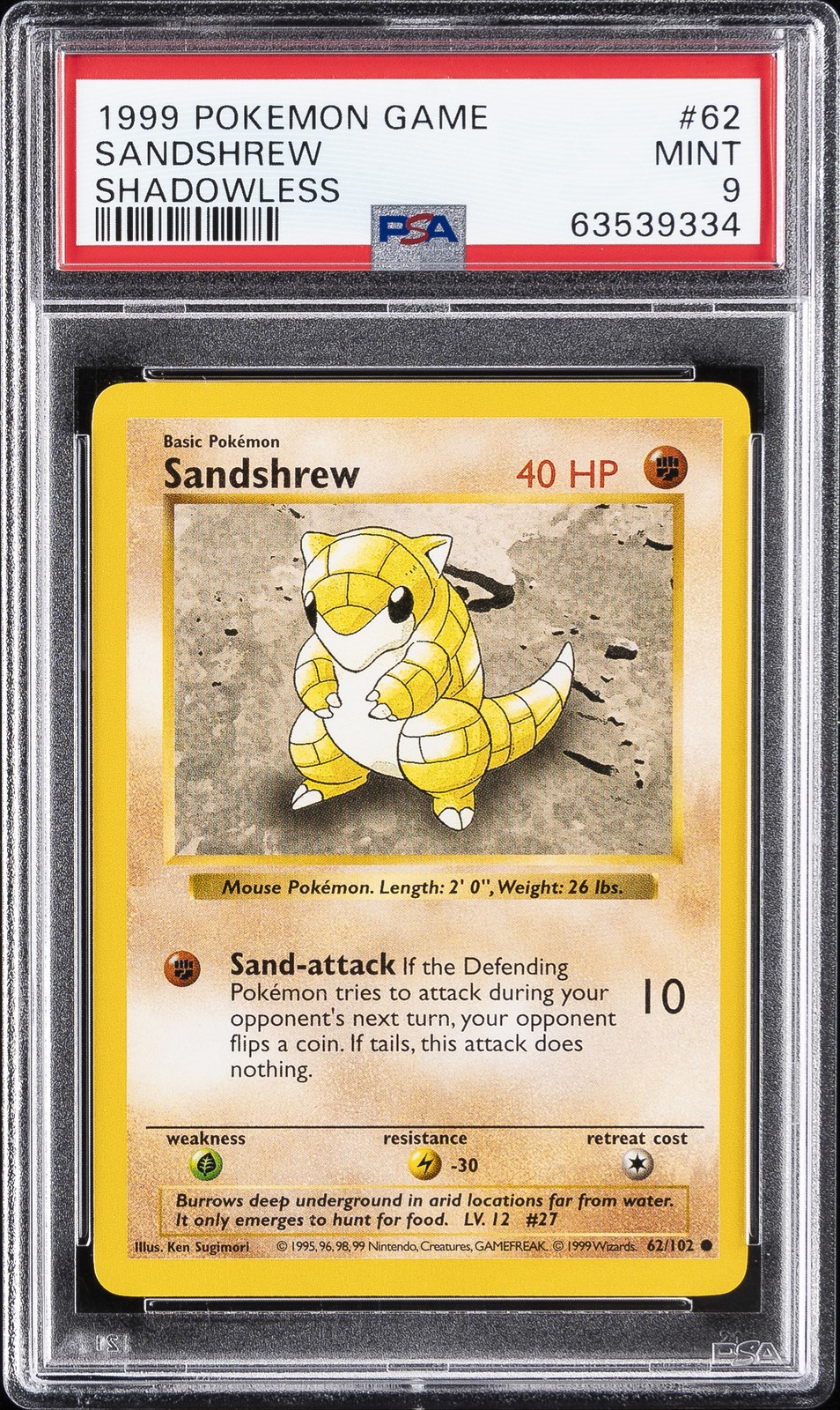 1999 POKEMON BASE SET SHADOWLESS #62 SANDSHREW PSA 9