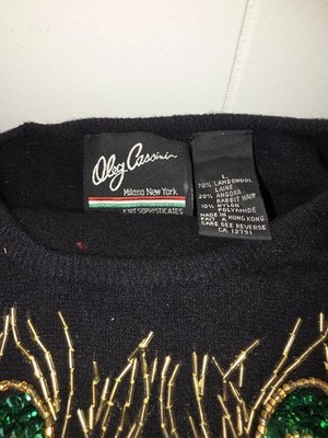 Oleg Cassini Black Beaded Embroidered Peacock V-Neck Pullover Sweater L