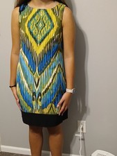 Geometric Print Shift Dress Boat Neck Sleeveless Blue Green Knee Length Women