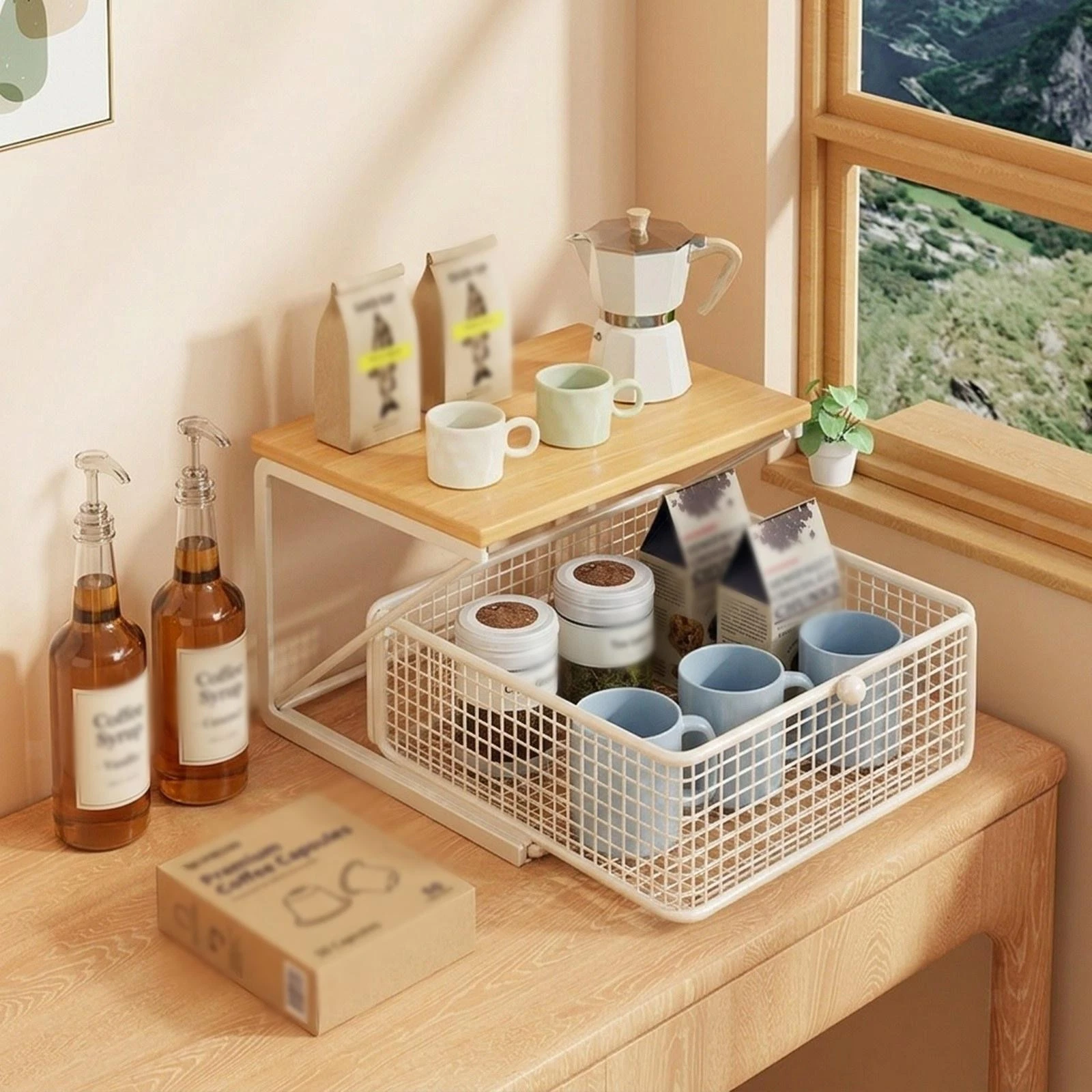 Coffee Station Organizer Coffee Machine Stand Wood Storage Rack Kitchen Counter