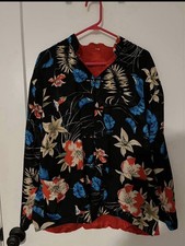 Chicos Reversible Asian Floral Print /Red Jacket Size 2 -Large Chicos 100 Silk