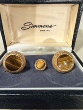 ✨ Vintage 1969 Simmons Tiger’s Eye Cufflinks & Tie Tack – Gold-Toned Set ✨
