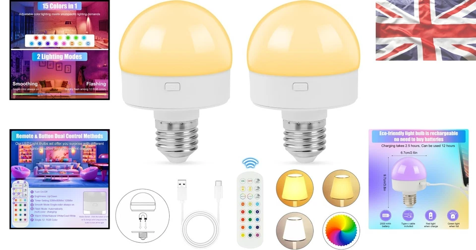 Rechargeable Light Bulbs with Remote,E26 Battery Light Bulb,RGB Color Changing - Image 2 of 4