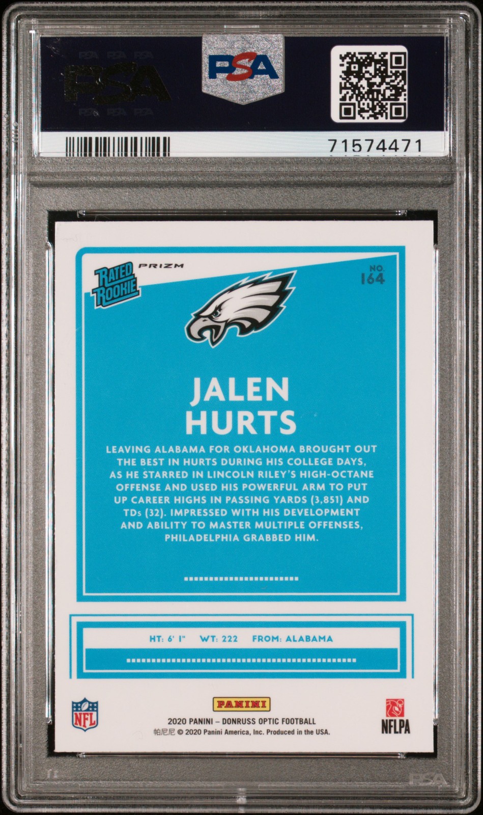 2020 Panini Donruss Optic #164 Jalen Hurts Blue Scope PSA 10 view 2