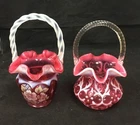 Vtg FENTON Opalescent Scallop Spiral Handle Glass Basket Lot Of Two
