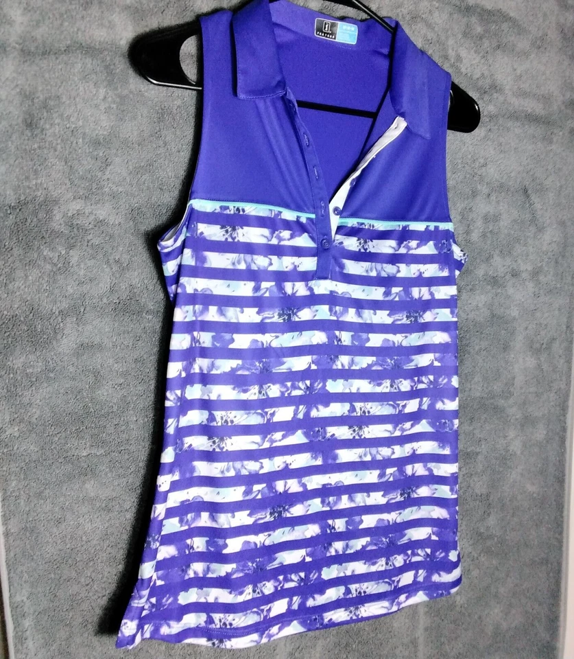 PGA Tour golf Womens Tank top Size M Blue Floral Stripes Sleeveless Button - Image 2 of 4