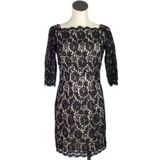Boston Proper Cocktail Dress Women 4 Black Lace Fitted Lined 3/4 Sleeves LBD