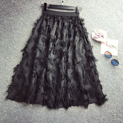 Lujosa Falda Midi de Gasa con Borla de Plumas Cintura Alta Elegante Maxi Falda Ajustada Larga Foto 3 de 4