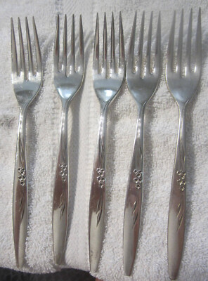 5 ad Oneida Community ENCHANTMENT,GENTLE ROSE Pattern Salad Forks,VTG,6.25''