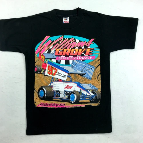 vtg 90s WILLIAMS GROVE SPRINT CAR RACING 2-SIDED T-Shirt XS/S mechanicsburg pa