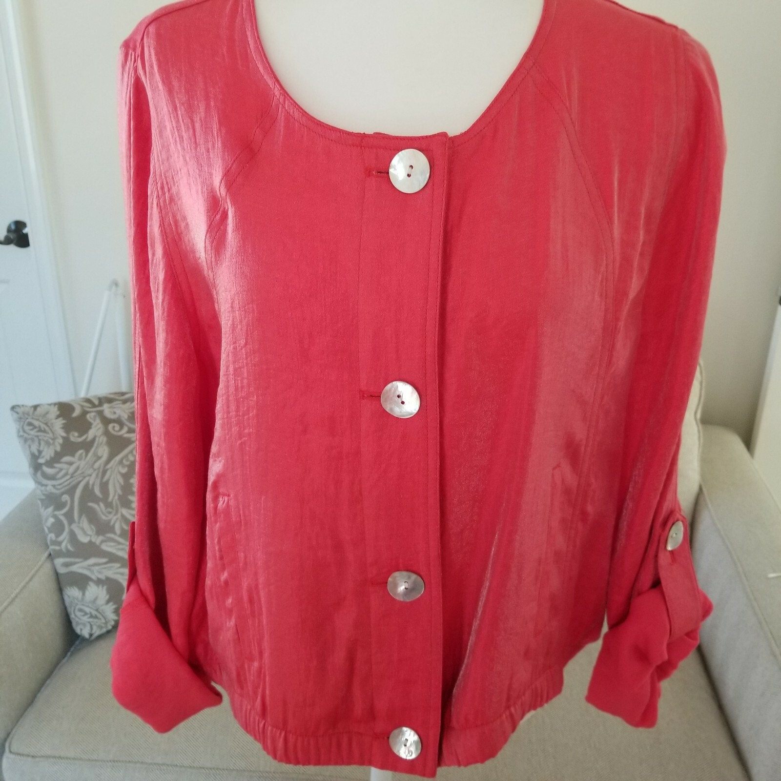 Ruby Rd Button Front Collarless Coral Orange Shee… - image 1