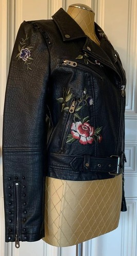 Aqua Embroidered Faux Leather Moto Jacket - 100% Exclusive Medium Black - Picture 4 of 12