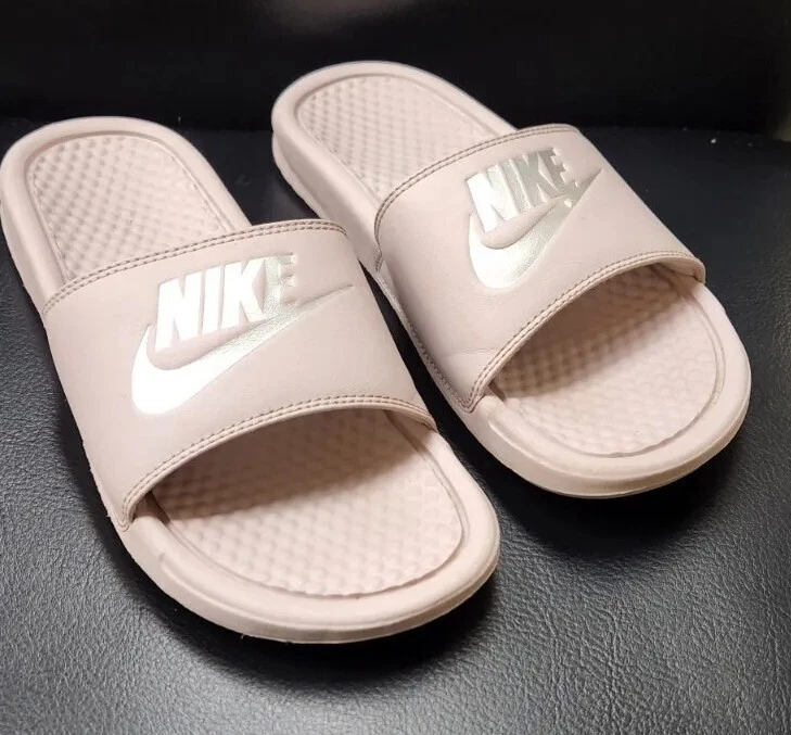 Nike Benassi Rose Pink Silver Slides Sandals Flats Shoe Size | eBay