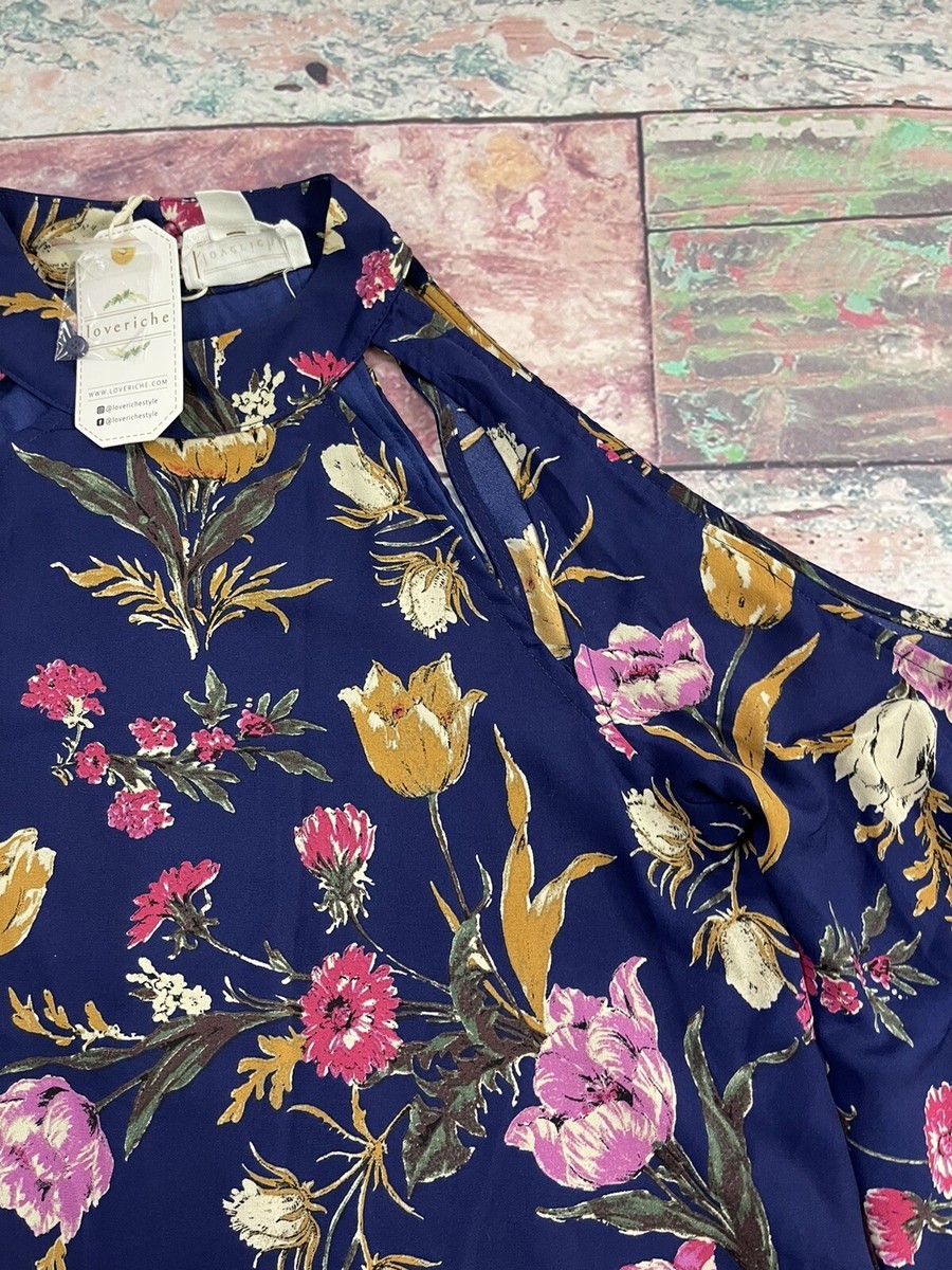 Loveriche Navy Floral Cold Shoulder Dress Women's Size Small