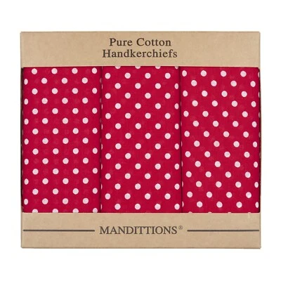 MANDITTIONS Pack of 3 Extra Large Red Spotted Hankies 100% Cotton Handkerchiefs Men's
