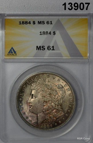 1884 MORGAN SILVER DOLLAR ANACS CERTIFIED MS61 SUNSET RED TO ORANGE COLORS#13907