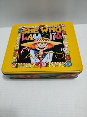 Mary Englebreit Tin  Box Hinged METAL SHE WHO LAUGHS LASTS Yellow Empty READ