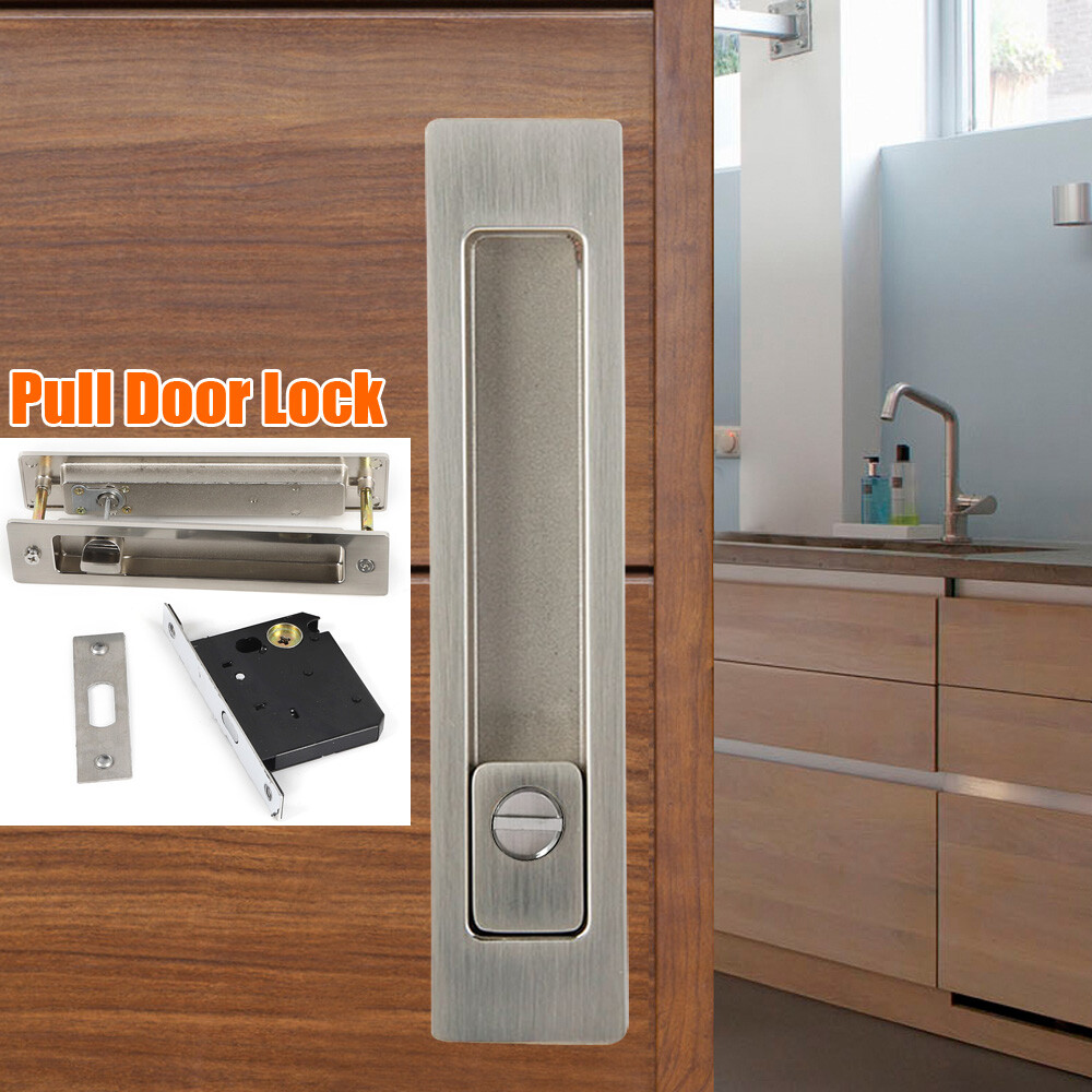 New Sliding Pocket Door Privacy Lock Recessed Pull Handles Brushed Nickel No Key