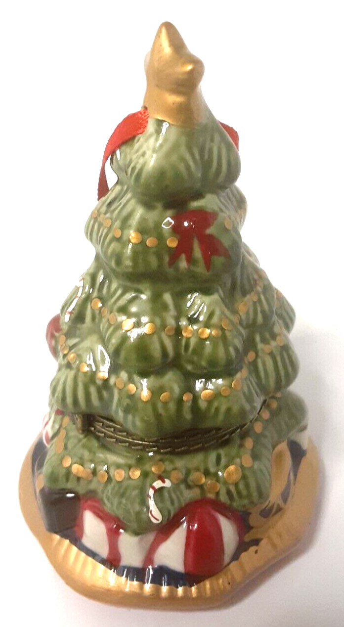 3.5 Inch Ceramic Christmas Tree Trinket Box with Hinge Unmarked Holiday Ornament for Festive Decor