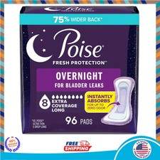Poise Overnight Incontinence Pads 8 Drop Extra Coverage 96 Count 4 Packs of 24