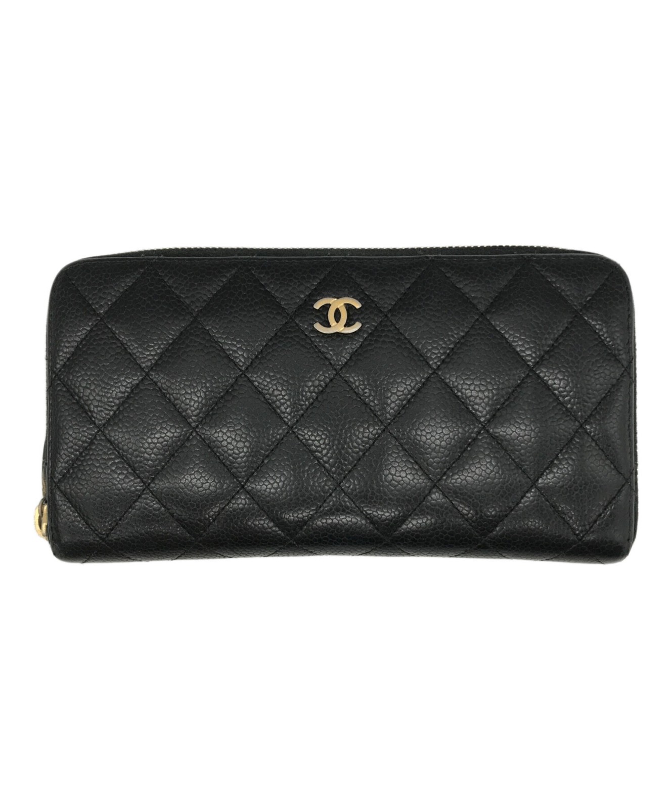 CHANEL Caviar Skin Round Zip Wallet Matelassé Quilted AP0242 Black
