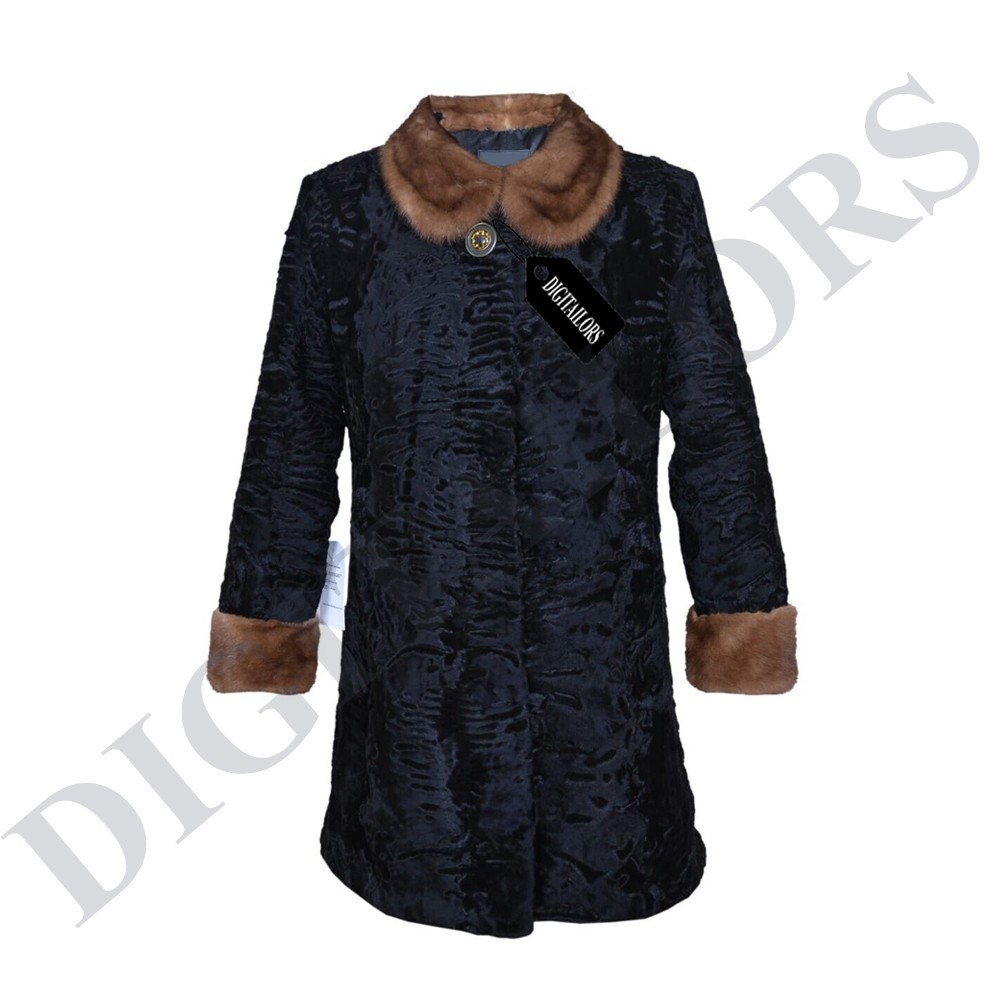 Women's Black Persian Lamb Fur Coat with Brown Mink Collar & Cuff