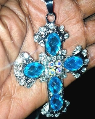 Stunning Large Blue 29.5 Inch Crystal Pendant Cross Chain Necklace For Women