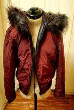 Womens Black/Burgundy Puffer Jacket Hooded Fu...