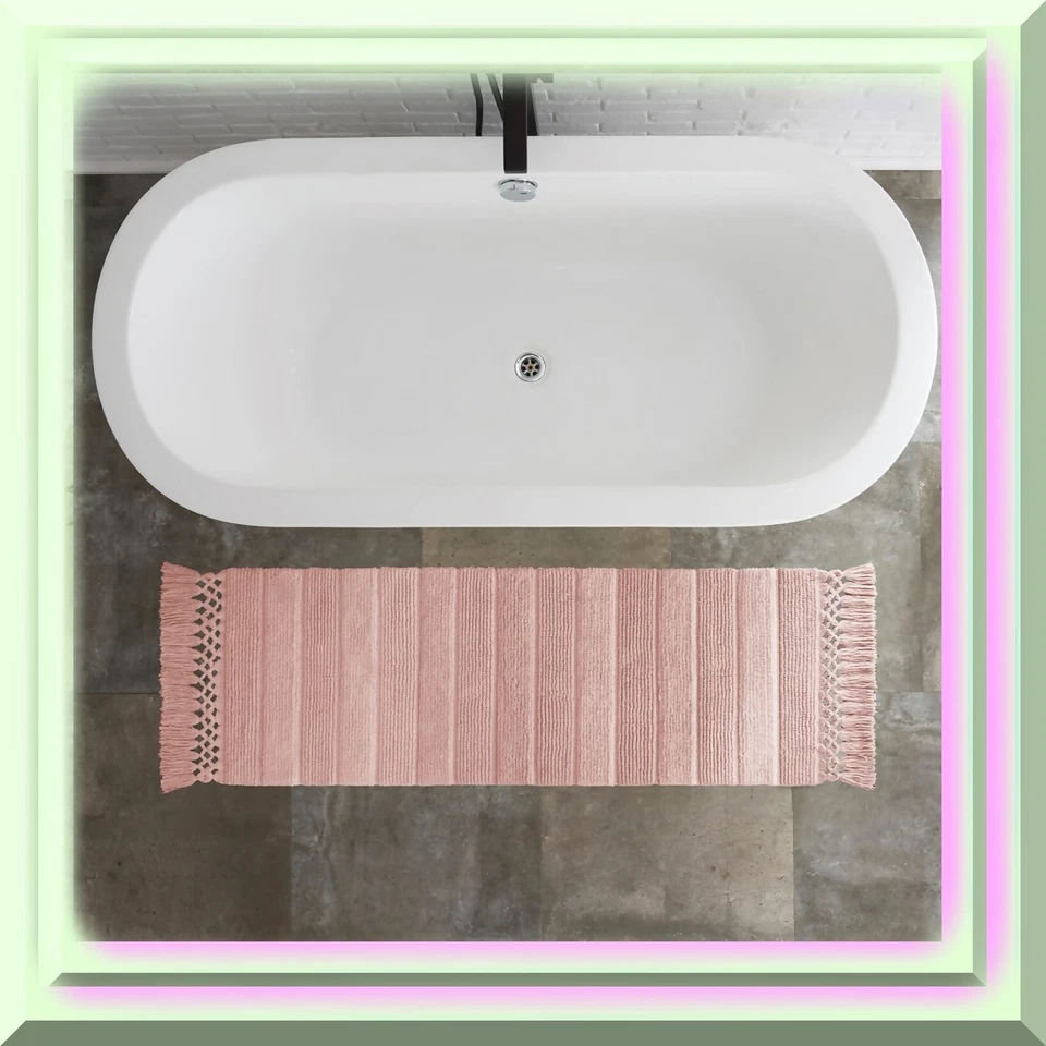 Alfombra de baño con flecos tejidos rosa 100 % algodón lavable a máquina Foto 2 de 4
