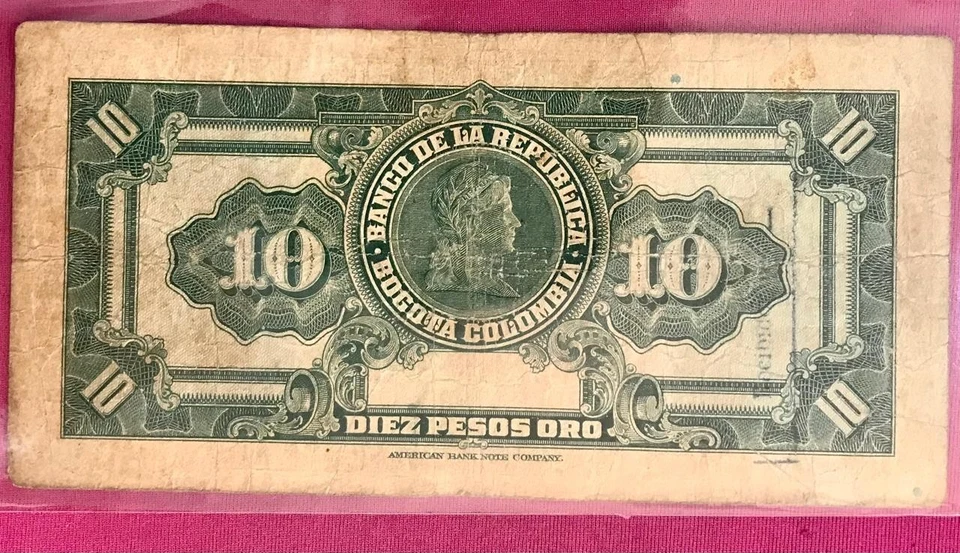 BILLETES ANTIGUOS COLOMBIA 1943 10 PESOS - ANTONIO NARIÑO - REF 800 Foto 2 de 3
