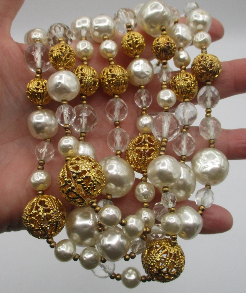 COLLAR RJ GRAZIANO LLAMATIVO ~ 4 HEBRAS PERLAS DE IMITACIÓN, TONO DORADO, CUENTAS DE CRISTAL Foto 3 de 4