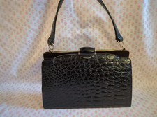 Vintage Black Alligator Crocodile Leather Frame Handbag Purse French France