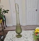 Fenton Vintage Ribbed Hobnail Glass Swung Green Vase 23.5" with Pedestal