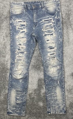 Smoke Rise Moto Biker Jeans Mens 36x32 Light Wash distressed Tapered Stretch