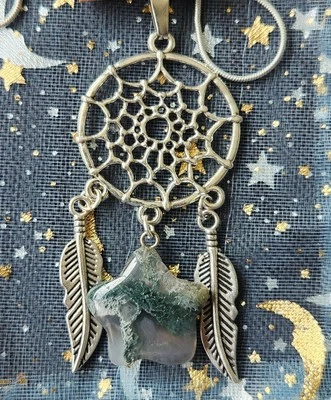Dreamcatcher With Gemstone Moss Agate Star Necklace 925 Silver Snake Chain - Image 1 of 2