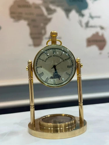 Antique Brass Desk Clock with Marine Compass Tabletop Nautical Decor Gift