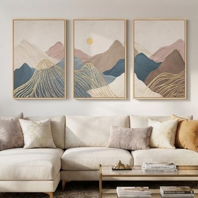 Framed Neutral Abstract Mountain Wall Art 24'' W x 36'' H x 3Pcs Multi Neutral