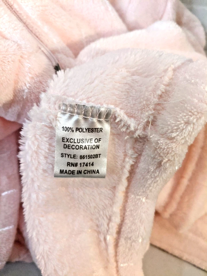 Miss Elaine Women's Large Pink Plush Zip-Front Long Robe 3/4 Sleeves Floral Trim - Image 4 of 4