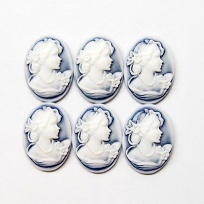 8 Vintage White/Blue 25x18mm Lovely Woman Pearls Corsage Resin Cameos Cabochons