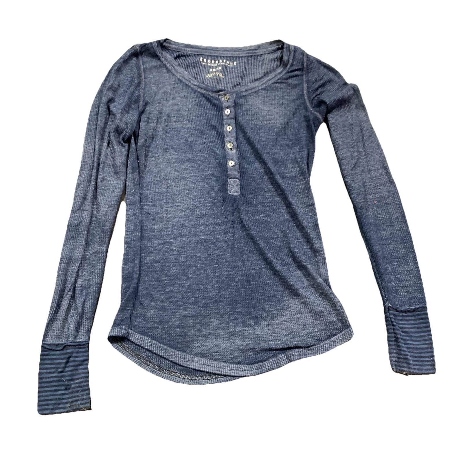 Aeropostale Women’s Shirt Henley Ribbed Knit Sz XS Navy Blue Long Sleeve Button
