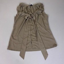 Banana Republic Blouse Womens Size Large Taupe Ruffle Tie Neck Button Sleeveless