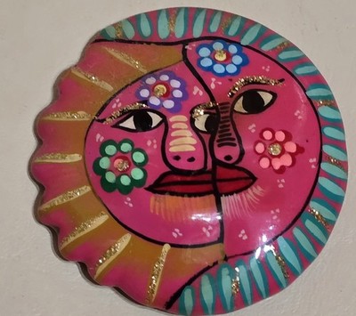 2¾'' Fridge Magnet Talavera Mexican Hand Painted Terra Cotta Sun/Moon Eclipse