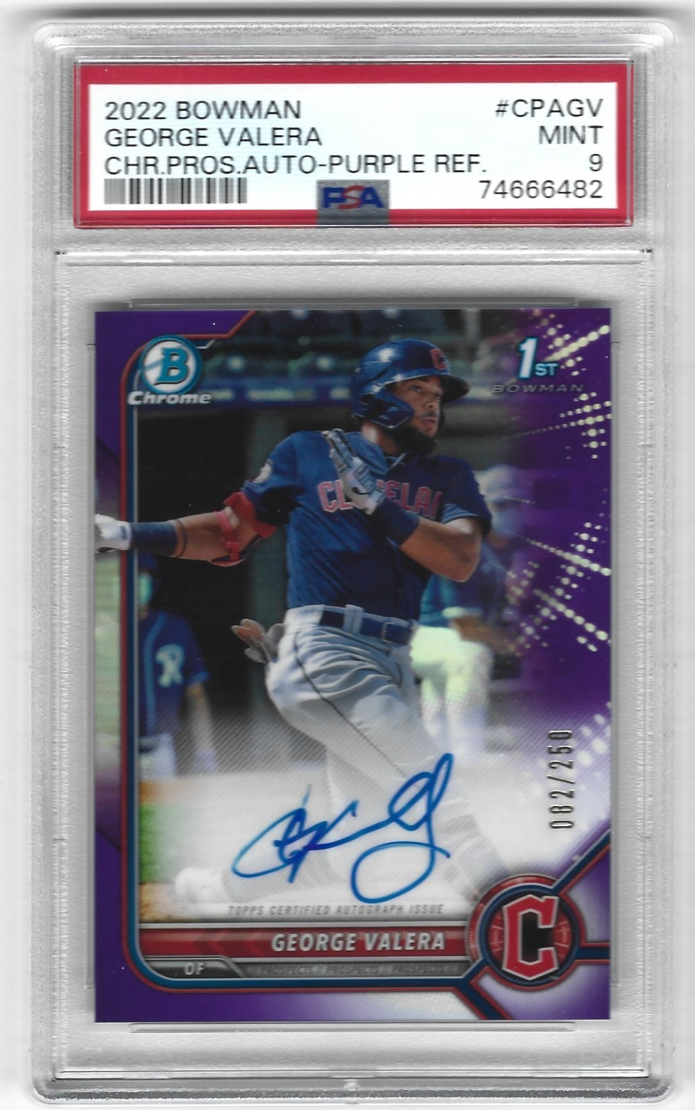 2022 Bowman Chrome GEORGE VALERA #'d /250 Auto Purple Refractor 1st RC PSA 9