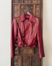 Nour Hammour Red Lambskin Leather Studded Moto Cropped Jacket France 36 XS/S
