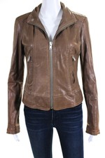 June Womens Mock Neck Full Zip Leather Jacket Brown Size Small